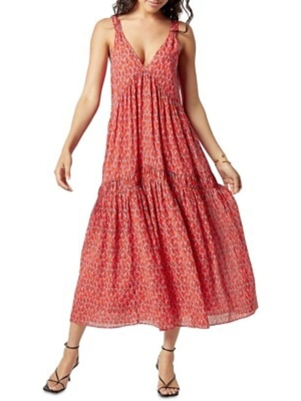 Joie Coral Red Printed V-Neck Tiered Maxi Dress